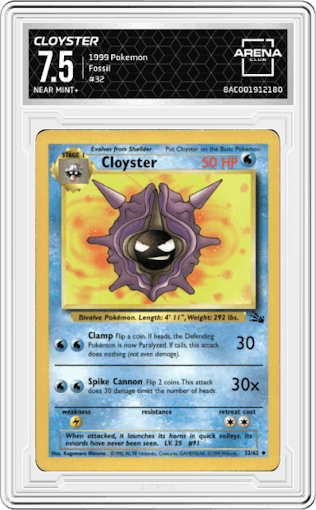 Cloyster from the 1999 Pokemon set graded by Arena Club and given an overall grade of 7.5.