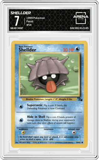 Shellder from the 1999 Pokemon set graded by Arena Club and given an overall grade of 7.