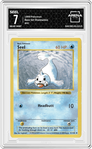 Seel from the 1999 Pokemon set graded by Arena Club and given an overall grade of 7.