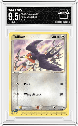 Taillow from the 2003 Pokemon EX set graded by Arena Club and given an overall grade of 9.5.