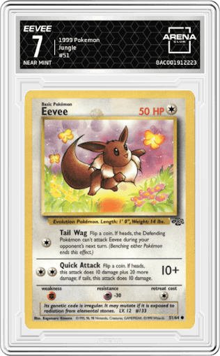 Eevee from the 1999 Pokemon set graded by Arena Club and given an overall grade of 7.