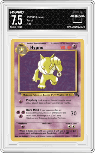 Hypno from the 1999 Pokemon set graded by Arena Club and given an overall grade of 7.5.