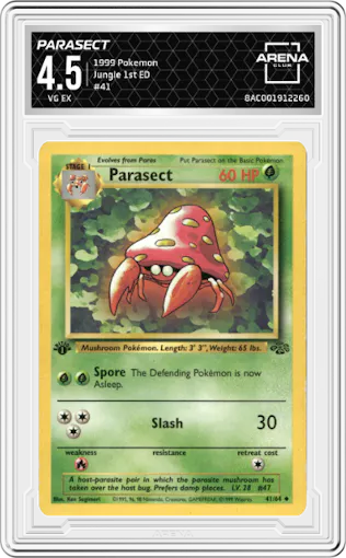 Parasect from the 1999 Pokemon set graded by Arena Club and given an overall grade of 4.5.
