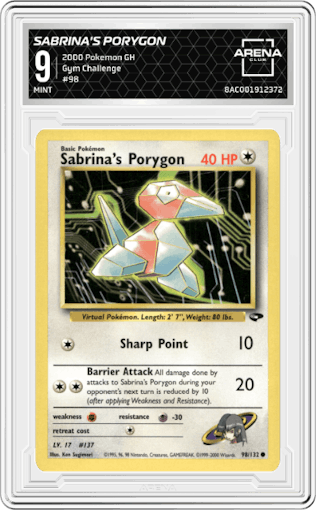 Sabrina's Porygon from the 2000 Pokemon GH set graded by Arena Club and given an overall grade of 9.