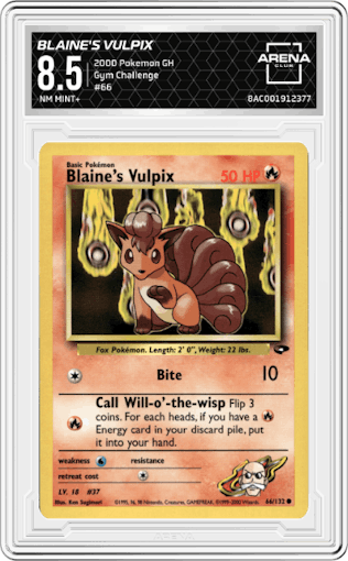 Blaine's Vulpix from the 2000 Pokemon GH set graded by Arena Club and given an overall grade of 8.5.