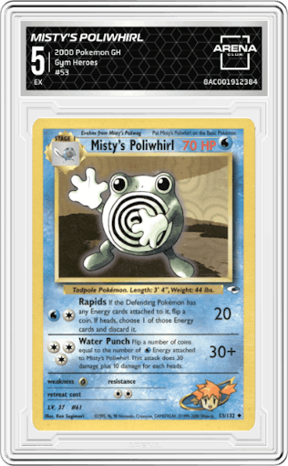 Misty's Poliwhirl from the 2000 Pokemon GH set graded by Arena Club and given an overall grade of 5.