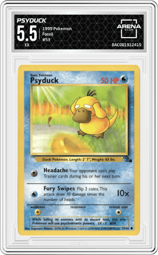 Psyduck from the 1999 Pokemon set graded by Arena Club and given an overall grade of 5.5.