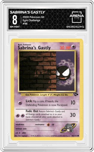 Sabrina's Gastly from the 2000 Pokemon GH set graded by Arena Club and given an overall grade of 8.