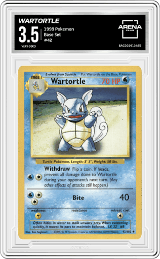 Wartortle from the 1999 Pokemon set graded by Arena Club and given an overall grade of 3.5.