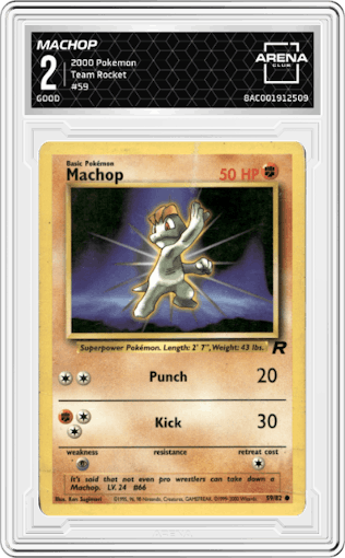 Machop from the 2000 Pokemon set graded by Arena Club and given an overall grade of 2.