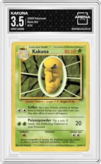 Kakuna from the 1999 Pokemon set graded by Arena Club and given an overall grade of 3.5.