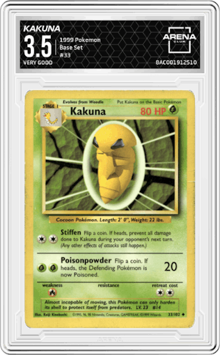 Kakuna from the 1999 Pokemon set graded by Arena Club and given an overall grade of 3.5.