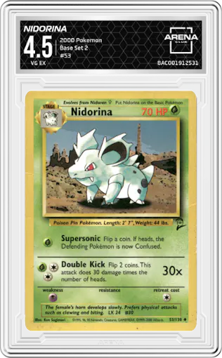 Nidorina from the 2000 Pokemon set graded by Arena Club and given an overall grade of 4.5.