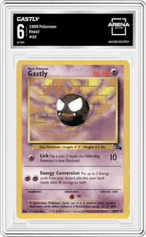 Gastly from the 1999 Pokemon set graded by Arena Club and given an overall grade of 6.