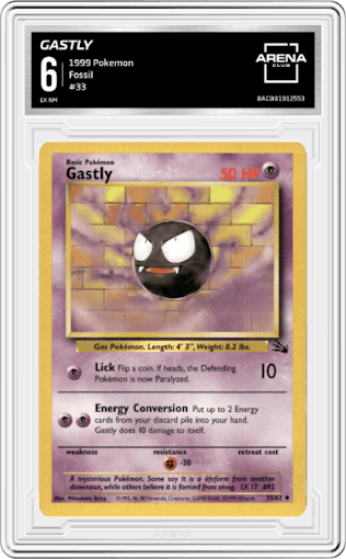 Gastly from the 1999 Pokemon set graded by Arena Club and given an overall grade of 6.