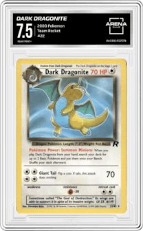 Dark Dragonite from the 2000 Pokemon set graded by Arena Club and given an overall grade of 7.5.