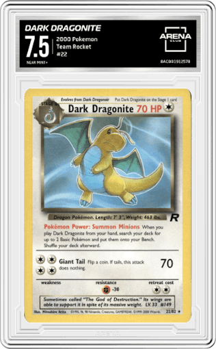 Dark Dragonite from the 2000 Pokemon set graded by Arena Club and given an overall grade of 7.5.