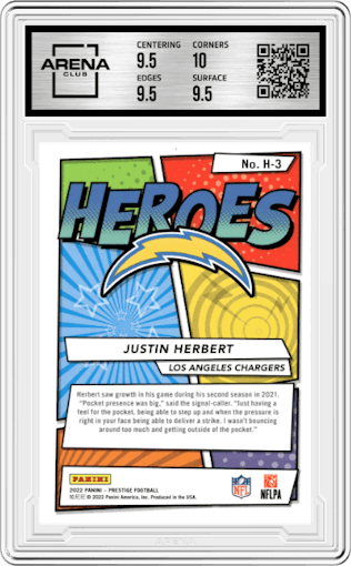 Justin Herbert from the 2022 Panini Prestige set graded by Arena Club and given an overall grade of 10.