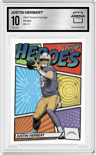 Justin Herbert from the 2022 Panini Prestige set graded by Arena Club and given an overall grade of 10.