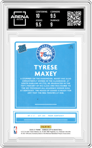Tyrese Maxey from the 2020-21 Panini Donruss Optic set graded by Arena Club and given an overall grade of 9.5.