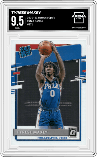 Tyrese Maxey from the 2020-21 Panini Donruss Optic set graded by Arena Club and given an overall grade of 9.5.