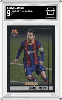 Lionel Messi from the 2020-21 Topps Merlin Chrome UEFA Champions League Europa League set graded by Arena Club and given an overall grade of 9.