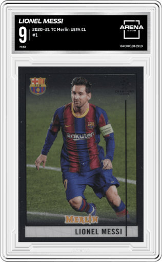 Lionel Messi from the 2020-21 Topps Merlin Chrome UEFA Champions League Europa League set graded by Arena Club and given an overall grade of 9.