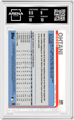 Shohei Ohtani from the 2019 Topps Series 2 set graded by Arena Club and given an overall grade of 9.5.