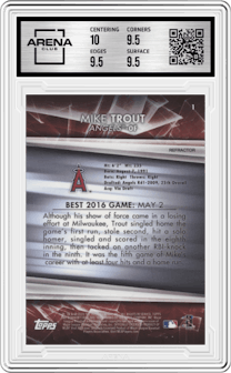 Mike Trout from the 2016 Bowman’s Best set featuring a Refractor parallel graded by Arena Club and given an overall grade of 10.