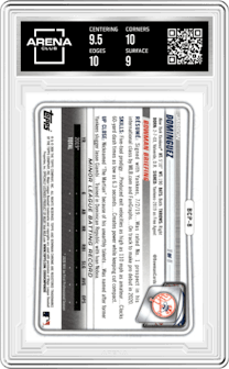 Jasson Dominguez from the 2020 Bowman  set featuring a Purple Refractor parallel graded by Arena Club and given an overall grade of 9.5.