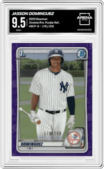 Jasson Dominguez from the 2020 Bowman  set featuring a Purple Refractor parallel graded by Arena Club and given an overall grade of 9.5.