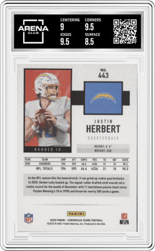 Justin Herbert from the 2020 Panini Chronicles set graded by Arena Club and given an overall grade of 9.