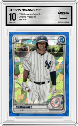 Jasson Dominguez from the 2020 Bowman Sapphire Edition set graded by Arena Club and given an overall grade of 10.
