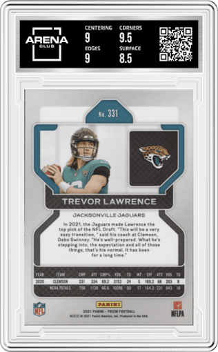 Trevor Lawrence from the 2021 Panini Prizm set graded by Arena Club and given an overall grade of 9.