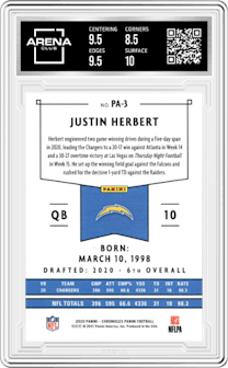 Justin Herbert from the 2020 Panini Chronicles set graded by Arena Club and given an overall grade of 9.