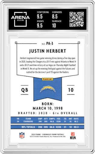 Justin Herbert from the 2020 Panini Chronicles set graded by Arena Club and given an overall grade of 9.
