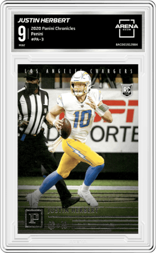 Justin Herbert from the 2020 Panini Chronicles set graded by Arena Club and given an overall grade of 9.