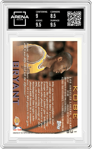 Kobe Bryant  from the 1996-97 Topps set graded by Arena Club and given an overall grade of 9.