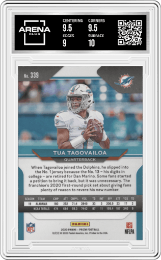 Tua Tagovailoa from the 2020 Panini Prizm set graded by Arena Club and given an overall grade of 9.5.