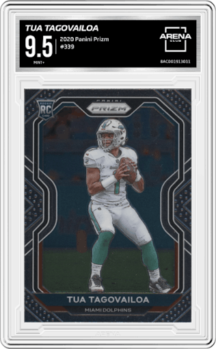 Tua Tagovailoa from the 2020 Panini Prizm set graded by Arena Club and given an overall grade of 9.5.