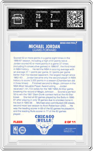 Michael Jordan from the 1987-88 Fleer set graded by Arena Club and given an overall grade of 7.5.
