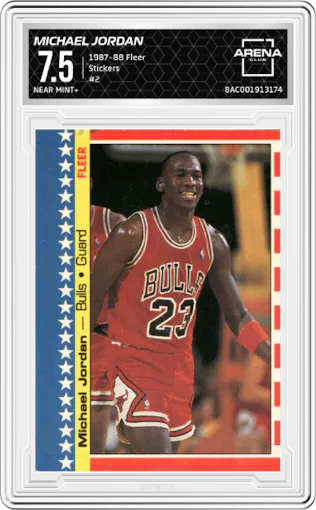 Michael Jordan from the 1987-88 Fleer set graded by Arena Club and given an overall grade of 7.5.