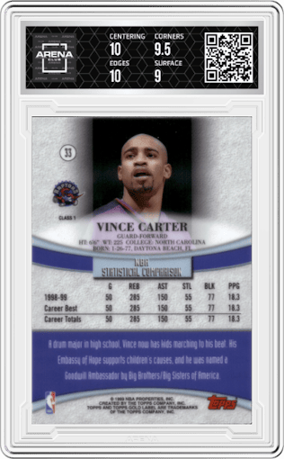 Vince Carter from the 1999-00 Topps Gold Label set featuring a Class 1 parallel graded by Arena Club and given an overall grade of 9.5.