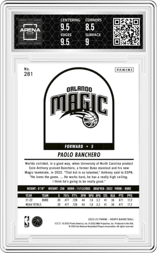 Paolo Banchero from the 2022-23 Panini NBA Hoops set featuring a Purple parallel graded by Arena Club and given an overall grade of 9.