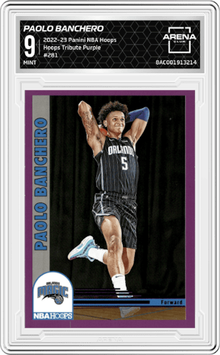 Paolo Banchero from the 2022-23 Panini NBA Hoops set featuring a Purple parallel graded by Arena Club and given an overall grade of 9.