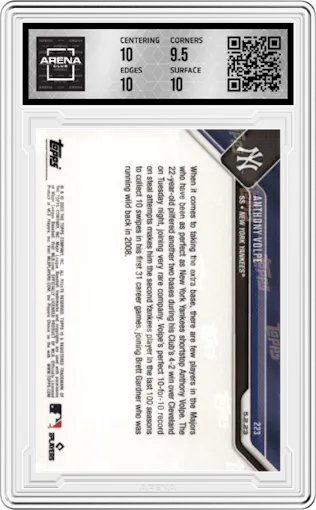 Anthony Volpe from the 2023 Topps Now set graded by Arena Club and given an overall grade of 10.