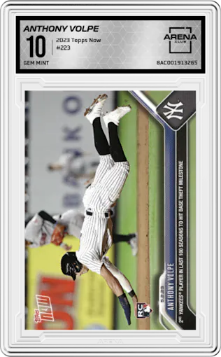 Anthony Volpe from the 2023 Topps Now set graded by Arena Club and given an overall grade of 10.