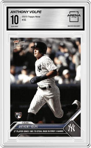 Anthony Volpe from the 2023 Topps Now set graded by Arena Club and given an overall grade of 10.