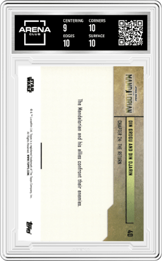 Din Grogu and Din Djarin from the 2023 Topps Now Star Wars Mandalorian  set featuring a Red parallel graded by Arena Club and given an overall grade of 9.5.