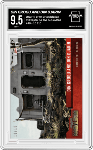 Din Grogu and Din Djarin from the 2023 Topps Now Star Wars Mandalorian  set featuring a Red parallel graded by Arena Club and given an overall grade of 9.5.